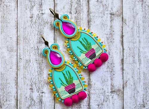 Woman loves cactus - soutache earrings
