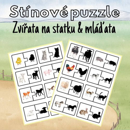 Zvířata na statku & mláďata, stínové puzzle