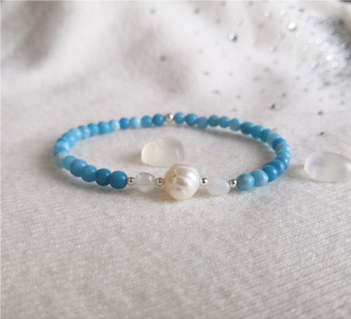 Perla*larimar*měsíční kámen*stříbro*náramek