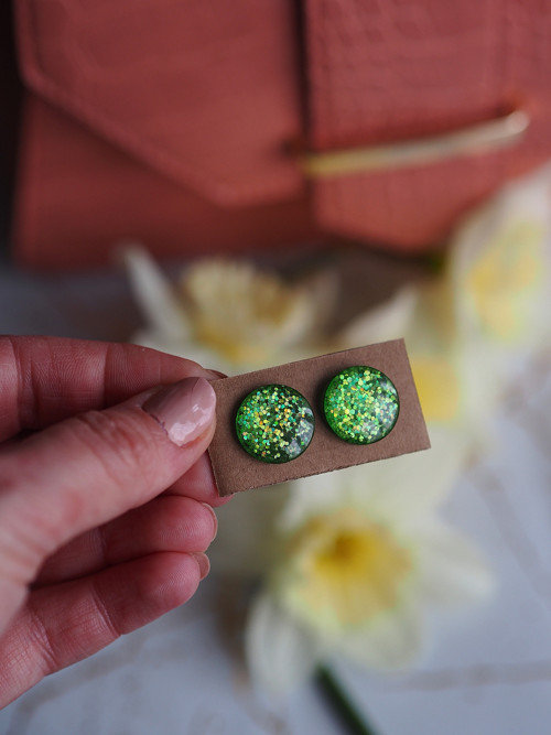 Třpytivé glitter kulaté náušnice - zelené — foto 1