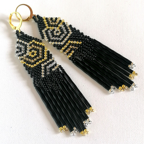 Black And Gold Geometric Beaded Earrings