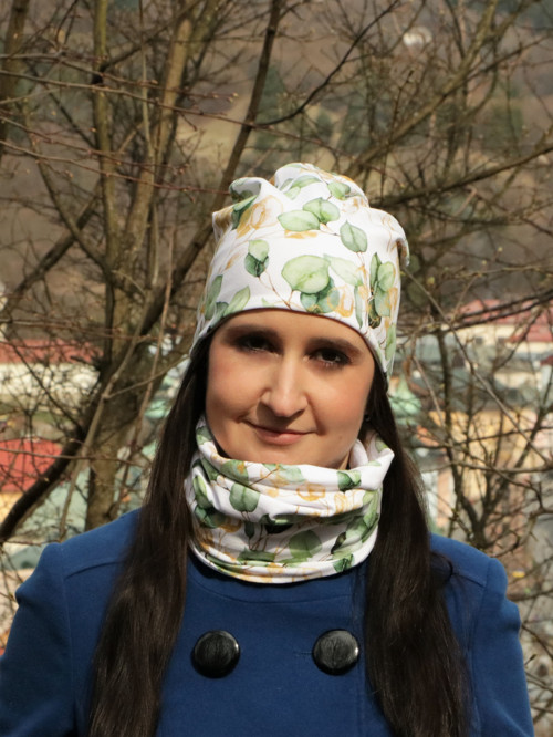 Úpletový set eucalyptus biely - čiapka+nákrčník