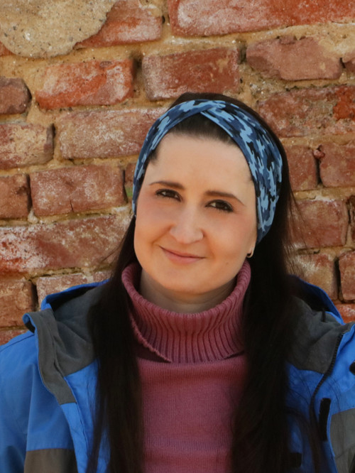 Prekrížená úpletová čelenka mini maskáč modrý