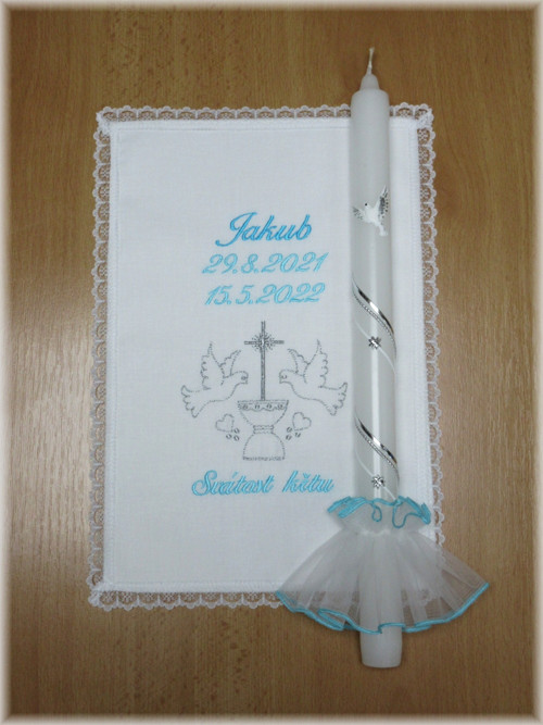 Křestní sada- rouška, svíce , ozdoba tyrkysová