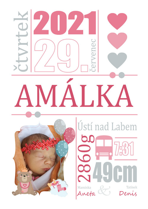 Pamětní list k narození miminka - s fotkou (holka)