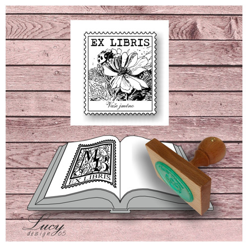 Razítko Ex libris s motivem květiny a slunéčka