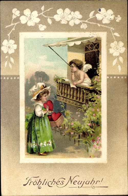 Pohlednice Amorek se srdíčky litografie embos 1912