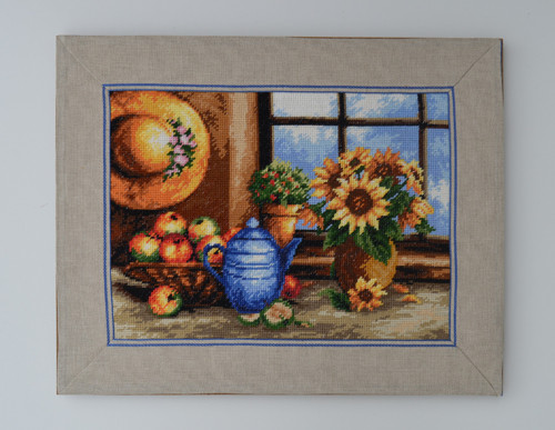 Vyšívaný gobelín, slunečnice, slamák, 50 x 40 cm