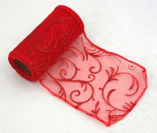 Červená organza s červeným vzorem z glitrů 12 cm
