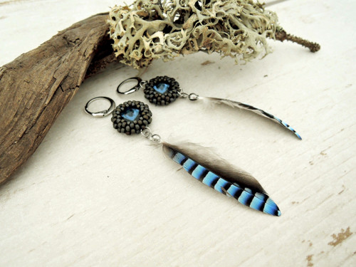 Náušnice "Jay" Dark blue Swarovski Sojčí peří — foto 1