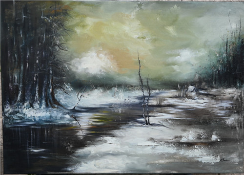 " Stmívání nad řekou",olejomalba