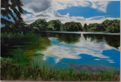 Ručně malovaný obraz 60x40 cm, Voda, jezero, les