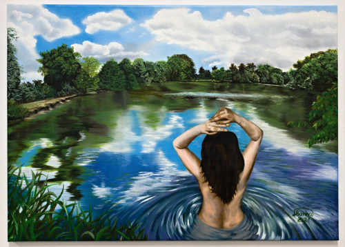 Ručně malovány obraz 70x50, Žena ve vodě, v jezeře