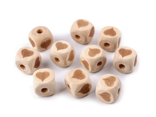 Dřevěné korálky kostka 14x14 mm (5ks) - srdce