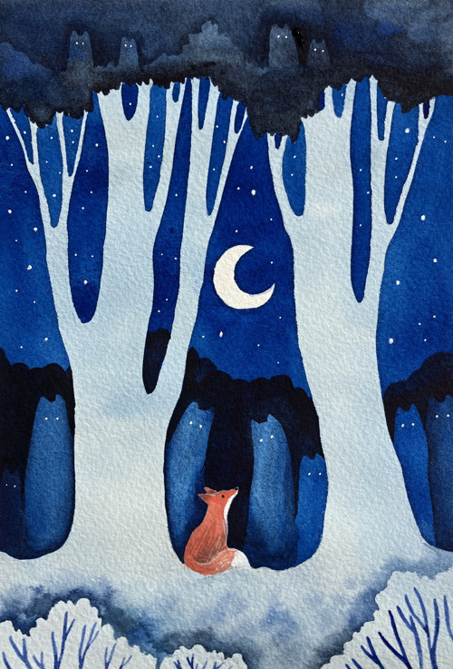 Originál akvarelová ilustrácia Lesné stretnutie