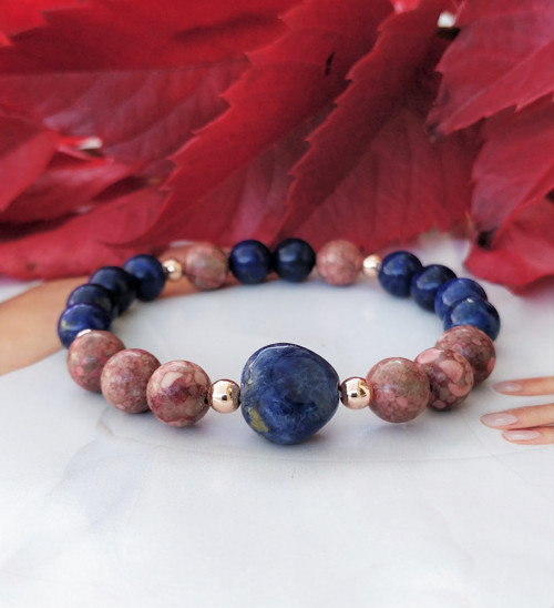 Minerální náramek/Chrysanthemum stone + lapis/ 0,8