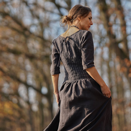 Šaty Charlotte - boho antracit lněné s výšivkou