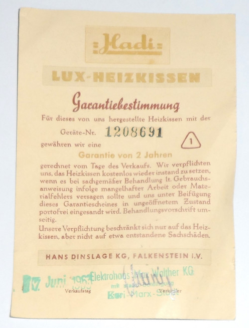 Tiskopis ZÁRUČNÍ LIST, Hadi Lux - Heizkissen, 1963