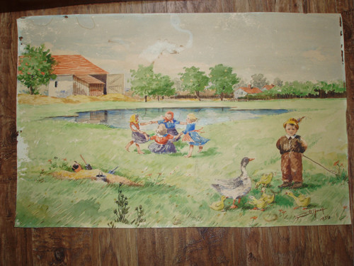 Starožitný obraz dětí u rybníka z roku 1956