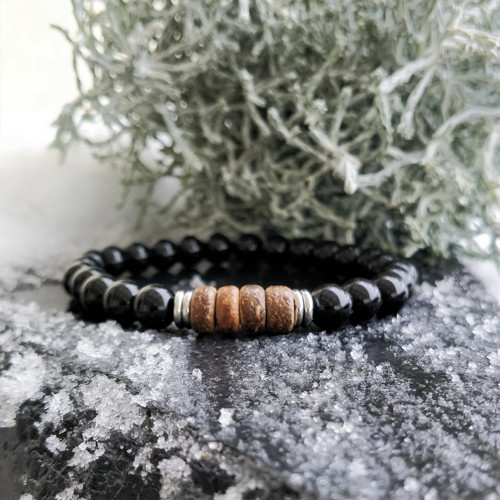 Pánský náramek z minerálů /onyx, dřevo / 0,8