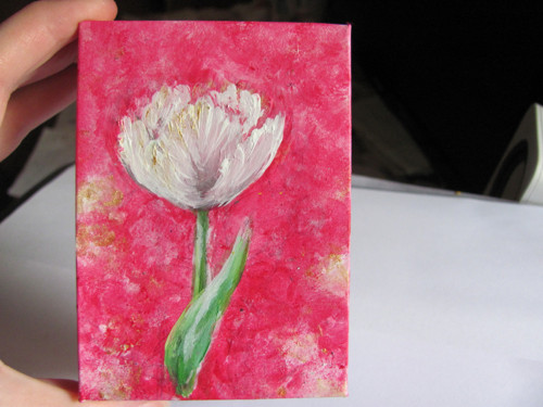 Bělostný tulipánek na červenozlaté, krabička