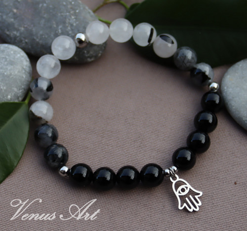 Náramek Onyx, Turmalín v Křišťálu Hamsa nerez ocel
