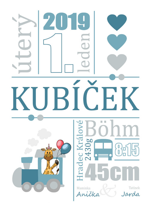 Pamětní list k narození miminka - vláček 1