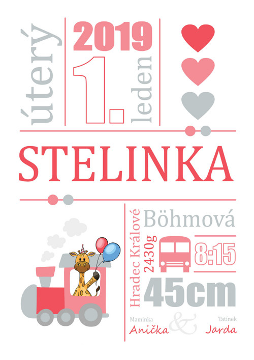 Pamětní list k narození miminka - vláček 2