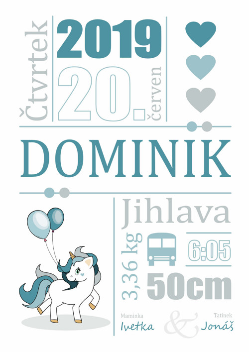 Pamětní list k narození miminka - jednorožec 1