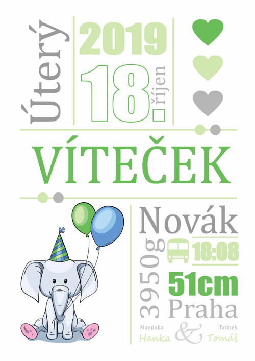 Pamětní list k narození miminka - slon 3