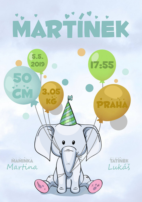 Pamětní list k narození miminka - sloník 2