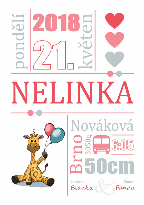 Pamětní list k narození miminka - žirafa 2