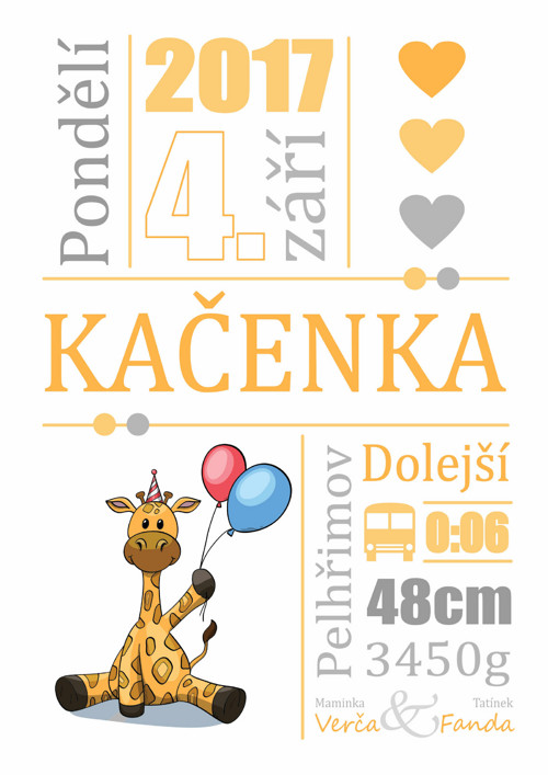 Pamětní list k narození miminka - žirafa 3