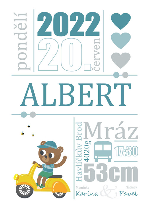 Pamětní list k narození miminka - moped, motorka