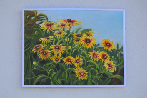 Originál suchý pastel- Třapatka v rámu, 40x30 cm