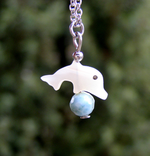 LARIMAR*DELFÍNEK PERLEŤ*ocelový náhrdelník