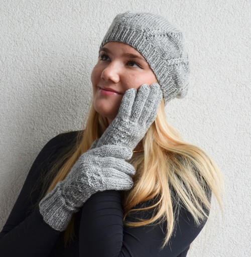 Decentní sada: baret a rukavice, platinový tweed
