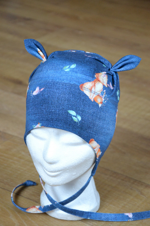 Ušanka na zavazování "lišky na jeans" 47-51cm