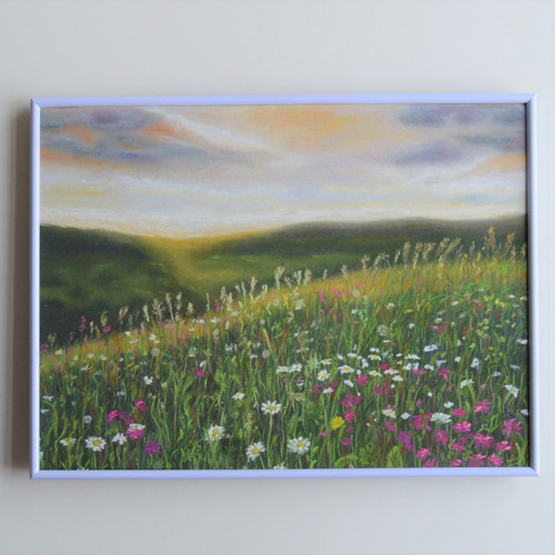 Originál suchý pastel- Louka, v rámu, 40x30 cm