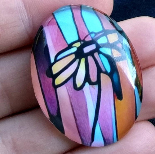 Velký skleněný kabošon s grafikou, 40x30 mm