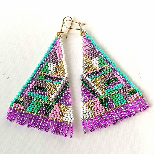 Purple And Green Triangle Beaded Earrings