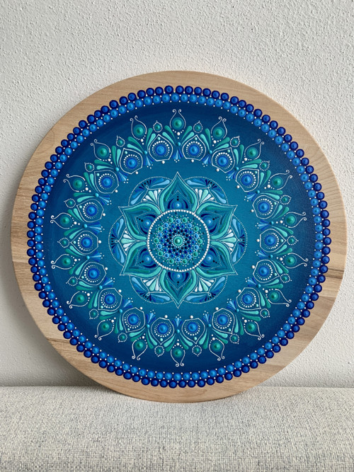 Mandala na desce 30 cm - Modrá a tyrkys