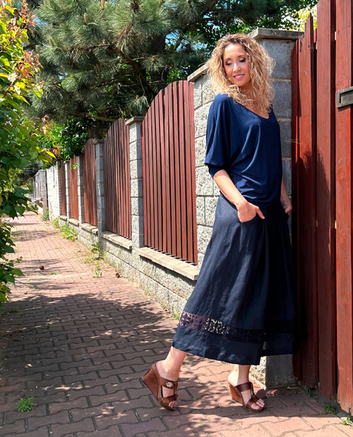 Kalhotová sukně lněná s krajkou maxi