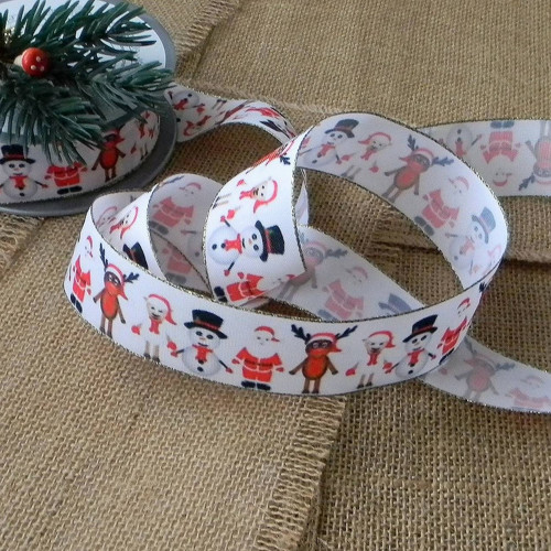 Vánoční stuha bílá s figurkami - š.3,5cm - 1m