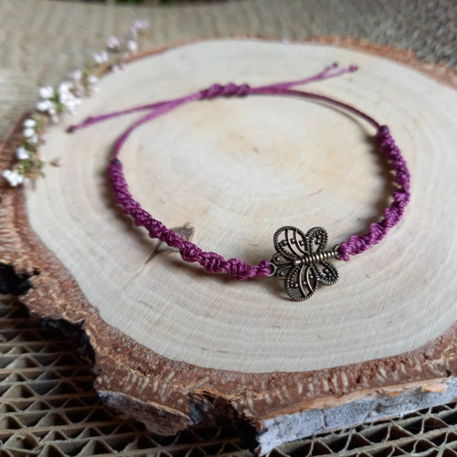 Boho náramek, BUTTERFLY, micromacrame WINE COLOUR