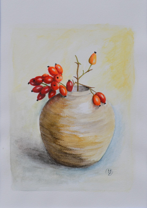 Akvarel - šípek ve váze s rámem, 30x22 cm