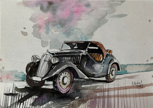 Škoda Popular roadster / originální akvarel Dlabal