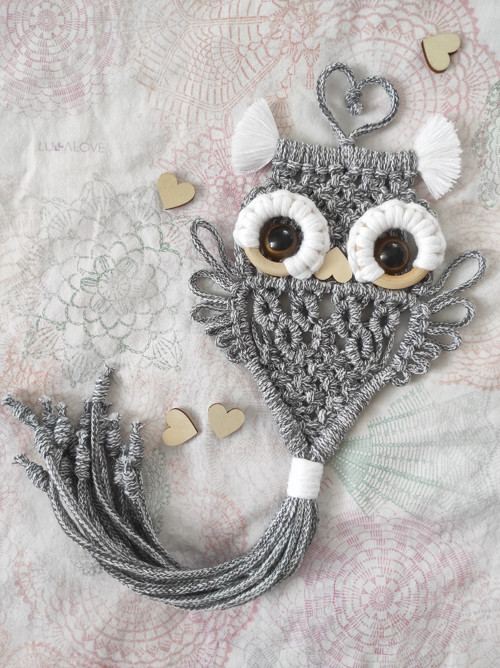 Macramé sova - šedý melír & bílá — foto 1