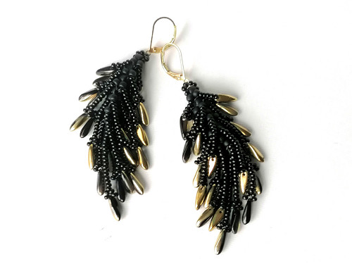 Black and Gold Fringe Beaded Earrings