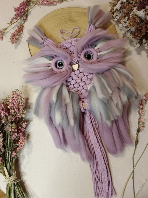 Macramé Sova s ovčím rounem — foto 1